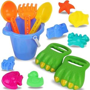 Liberty Imports Dinosaur Sand Digger Scoop Claw Beach Toy Set - 13 Piece with Bucket, Shovels, Rakes, Molds (Assorted Colors)