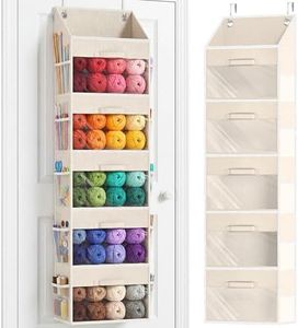 Over the Door Organizer with Drawers, 5 Tier Hanging Storage with Removable Bins & 10 Side Pockets, Over Door Closet Organizer for Baby Items, Yarn, Bed Sheets, Clothes, Toys, Towels – Beige
