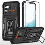 Phone Case for Samsung Galaxy S23 FE/ S23FE 5G Case with Slide Full Camera Cover, with 1 x Screen Protector, Military Grade Shockproof Case with Magnetic Rotated Kickstand for S23 FE (Black)