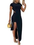 Aro Lora Womens Sexy 2 Piece Outfits Short Sleeve Cut Out Side Slit Maxi Dress and Short Set, Black, XL