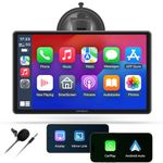 APHQUA Carplay Screen with External Microphone, 9" Wireless Apple Carplay and Android Auto Car Stereo, Portable Car Play Touchscreen with GPS Navigation/Mirror Link/Bluetooth/FM/AUX/USB (A98MIC)