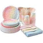 350 Pcs Disposable Paper Party Tableware Supplies Includes Dinner/Dessert Plates, Cups, Napkins,Spoons, Forks, Knives for Wedding Birthday Graduation Party,50 Guests (Colorful Gold Dot)