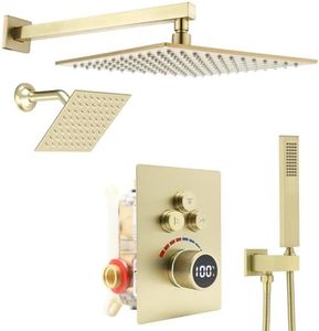 Digital Display Dual Head Shower system Rain Shower System Shower Wall Mount 10 Inch Ceiling Shower Head with 6 Inch Shower Head with shower handheld(Brushed Gold)