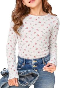 Haloumoning Girls Long Sleeve Shirts Crewneck Ruched Side Slim Fit Tops Ribbed Knit Casual Tee Shirt 4-15 Years Z-White