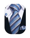 Barry.Wang Stripe Men Ties Set Classic WOVEN Necktie with Handkerchief Cufflinks Formal Blue White