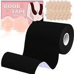 BEWTEIM Boob Tape for Heavy Breasts Roll 4 inch, Boobytape for Breast Lift Extra Large,D-G Cup Breast Lifting Push Up Tape w 1 Pair Silicon Reusable Nipple Covers 5 Pairs Satin Brestals Black