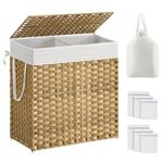 SONGMICS Handwoven Laundry Basket, 110L Synthetic Rattan Divided Clothes Hamper with Lid and Handles, Foldable, Removable Liner Bag, Natural LCB52NL