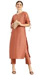 Janasya Women's Peach Poly Silk Kurta with Pant(Peach_Large)