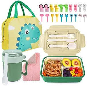 AUTOWT Bento Lunch Box Kit for Kids - 1400ML Leak-proof Lunch Container 3 Compartments with Knife Fork Spoon, Lunch Bag, Soup Cup, Fruit Forks, Microwave Dishwasher Freezer Safe, BPA-Free (Dinosaur)