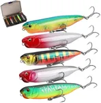 FLISSA 5PCS Top Water Fishing Lures Kits, Bass Fishing Lures for Freshwater & Saltwater, Realistic Hard Bait, Popper Fishing Lure with Treble Hooks for Trout, Bass, Salmon, Walleye Fishing