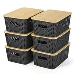 Plastic Storage Baskets With Bamboo Lid - Plastic Storage Containers Stackable Storage bins: Storage Baskets for Organizing Shelves Drawers Desktop Closet Playroom Classroom Office, 6 Pack