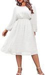 IN'VOLAND Women's Plus Size Swiss Dot Long Sleeve Chiffon Dresses Flowy High Waist A Line Ruffle Babydoll Midi Dress 16W-24W White