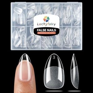 Luckyfairy Short Almond Fake Nails, 360pcs Soft Gel x Pre-Shaped Acrylic Nail Tips, Half Matte Full Cover Clear Gelly Press on Flase Nail Tips for Extension Nail Manicure Home DIY 12 Sizes Gelly Tips