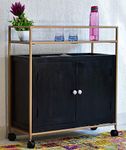 SamDecors Solid Wood Adam Multipurpose Bar Trolley with Wheels with Two Door Black Cabinet and Iron Frame in Golden Finish