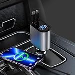 Aiskooc Retractable Car Charger, 4 in 1 Retractable Car Charger, 66W Dual Ports Fast Charger, Cigarette Lighter Car Charger for iPhone 15/14/13/12/11, iPad, Galaxy