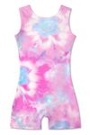 uideazone Tie Dye Leotards for Girls Gymnastics Ballet Dance Bodysuits Pink Unitard With Shorts Kids One Piece Sleeveless Outfits Size 7 8