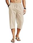 COOFANDY Men's Linen Capri Pants Casual Lightweight 3/4 Baggy Pants Drawstring Elastic Waist Beach Yoga Pants with Pockets, Beige, Medium