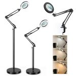 10X Magnifying Glass with Light and Stand, TOMSOO 3-in-1 Magnifying Floor Lamp Adjustable Swing Arm Stepless Dimmable 3 Color Modes, LED Lighted Magnifier for Close Work Reading Repair Painting Crafts