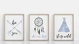 Set of 3 Kids Room Nursery Prints, Boys Bedroom Posters, Be You, Dream Big, Stay Wild, Boho Style Blue Nursery Prints, Bedroom Playroom Poster, Wall Art Decor Unframed