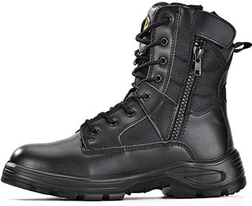 SAFEYEAR S3 Bottes de travail militaires pour homme, noir, bottes de sécurité très résistantes, coque 4E, embout en acier, cuir véritable imperméable, à lacets, fermeture éclair sur le côté, Bout