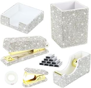 6 PCS Bling Diamond Office Accessories Set, Diamond Stapler and Tape Dispenser Set with Staple Remover, Sticky Note Holder, Cute Staples, Diamond Pen Holder, Desk Sets and Accessories for Women-Silver