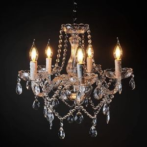 USOR Vintage Crystal Glass Chandelier 5 Lights Candle Farmhouse Pendant Light Ceiling Light Fixture Luxury Semi Flush Mount Chandelier for Dining Room Living Hallway Kitchen Bedroom Bulbs Included