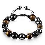 Emibele Triple Protection Bracelet, Tiger Eye Black Obsidian and Hematite 10mm Beads Handmade Natural Stone Bracelets, Healing Crystal Bracelet for Men Women Brings Luck Prosperity and Happiness