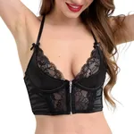 Lovehoney Lingerie for Women Black Satin Front Zip Bra - Longline Padded Bra with Underwired Half Cups - Medium: 6-8