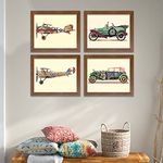 Painting Mantra Vintage Aeroplane & Car Synthetic Wood Framed Painting, Decoration Posters for Living Room (4 Unit, 8x10 Inches, Brown)