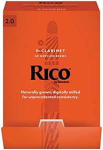 Rico Bb Clarinet Reeds - Reeds for Clarinet - Thinner Vamp Cut & Unfiled for Ease of Play, Traditional Blank for Clear Sound - Clarinet Reeds 2 Strength, 50-Pack