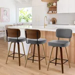 Bekrvio Swivel Counter Height Bar Stools Set of 3, 26" Upholstered Faux Leather Barstools with Back and Bent Wood Legs, Mid Century Modern Bar Chair Island Stool for Kitchen Counter, Grey