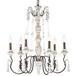 29" H French Country Rustic Farmhouse Chandeliers Dining Room, 6-Light Handmade Distressed White Wood Rustic Bronze Vintage Pendant Lighting Foyer Living Room Bedroom Light Fixtures Ceiling Hanging