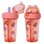 WISHKEY Plastic Cartoon Printed 2 In 1 Tumbler Sipper Cup for Kids, Cute Reusable Water Bottle for Beverages with Lid and Dual Straw For Boys & Girls, 420ml, Multicolor, 5+ Years (Set of 1)