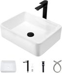 Xiiwin 19 inch White Rectangle Bathroom Vessel Sink with Faucet, 19"x15" Above Counter Rectangle Ceramic Porcelain Bathroom Vessel Sink Combo with Black Faucet and Drain