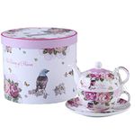 London Boutique Tea for One, Teapot cup Saucer Set Gifts for Women Tea Set for 1 New Bone China Vintage Flora Gift for Her 350m (Bird Rose Butterfly)