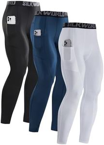 SILKWORLD Men's Thermal Underwear Compression Pants Fleece Lined Workout Leggings with Poackets Sports Yoga Baselayer,C3_Fleece Lined_3pack_Black,White,Navy Blue,Medium
