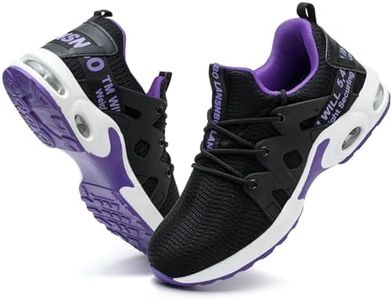 LANSNBO Steel Toe Shoes for Women Indestructible Safety Work Shoes Air Cushion Lightweight Breathable Utility Sneakers Puncture-Proof Slip-Resistant Composite Toe Footwear, Black,purple, 8