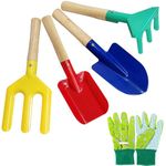 YUETOGUO Garden Tools Set for Kids,Children Beach Sandbox Toy,with Sturdy Wooden Handle Safe Gardening Tools Including, Trowel, Rake & Shovel,gloves