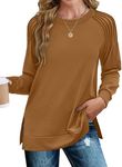 Zeagoo Womens Tops Trendy Long Sleeve Shirts Tunic Womens Business Casual Tops Plain Crewneck Blouse Soft Pleated Raglan Shirts Brown