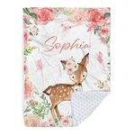 Personalized Baby Blanket for Girls, Custom Baby Blanket with Name, Soft Flannel with Double Layer Dotted Backing, Receiving Swaddle Blanket Suitable for Infants and Toddler, Floral Deer(30”x40)