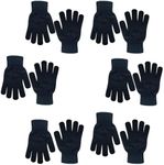 Winter Magic Knit Gloves - 6 Pairs, Stretchy Full Fingers, Suitable for Kids, Teens & Women - All Black Series, One Size Fits All