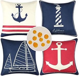HomeStilez Funda Cojin 50x50 cm Náutico Azul Marino Ancla Faro Velero Fundas Cojines Exterior Impermeables Lino Fundas de Almohada para Cojines Decorativos para Sofá Cama Coche Hogar Juego de 4