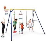 COSTWAY 4-in-1 Kids Swing Set, Metal Swing Stand with Double Swings, Basketball Hoop, Slide/Climbing Ladder, Children Backyard Playground Equipment for Garden Yard