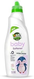 JUST GREEN ORGANIC Baby Fabric Softener, Plant-Based Liquid Fabric Softener, Non-Toxic, Hypoallergenic, Fragrance-Free, EcoCert Certified, Vegan, Static Control, 32 Washes, 33.8 fl oz (1000 ml)