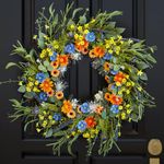 Spring Wreaths for Front Door Outside, Summer Green Wreath, Daisy and Lavender, Farmhouse Easter Decorations Home Decor for Window Outdoor Indoors (Orange)