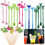 Daily Treasures Cocktail Ice Drink Mixing Stick Set,15Pcs Flamingo Cactus Reusable Novelty Swizzle Sticks with 14Pcs Bamboo Decorative Cocktail Appetizer Picks for Tropical Beach Christmas Party Bar