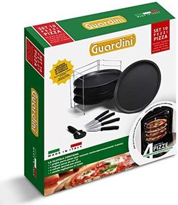 Guardini Scatola regalo 10 pezzi pizza: 1 Griglia porta tegami+4 Tegami pizza Ø32cm+4 Coltelli+1Rotella, Acciaio con rivestimento antiaderente, colore nero