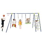 GYMAX Kids Swing Set, Metal Swing A-Frame with 2 Swings, Basketball Hoop, Climbing Rope & Climbing Ladder, Outdoor Children Playground Playset for Garden (Green + Blue, 6 in 1: 336x140x176cm)