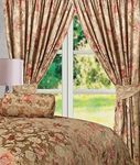 66" x 90" Anastasia Gold, Fully Lined Curtains with Tie-Backs, by Courtaulds Fabrics, Jacquard Floral Print Embellished Golden Mink Tan Terracotta Rust Red Pencil Pleat Header Tape Top