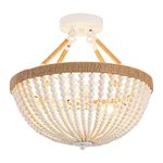 ELYCCUPA Wood Beaded Mini Chandelier Farmhouse Bohemia Semi Flush Mount Ceiling Light Rustic 3-Light Lighting Fixtures for Bedroom Dining Nursery Room,White,Dia 15'' Distressed White SC040-3